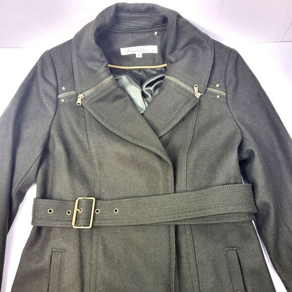Kenneth Cole Wool Blend Belted Olive Green Coat with Zipper Size 10 - Picture 10 of 16